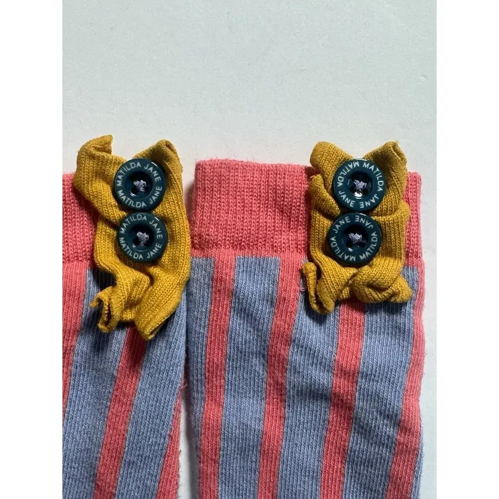 Matilda Jane Girls Knee High Socks Pink Blue Striped Button Accent One Size